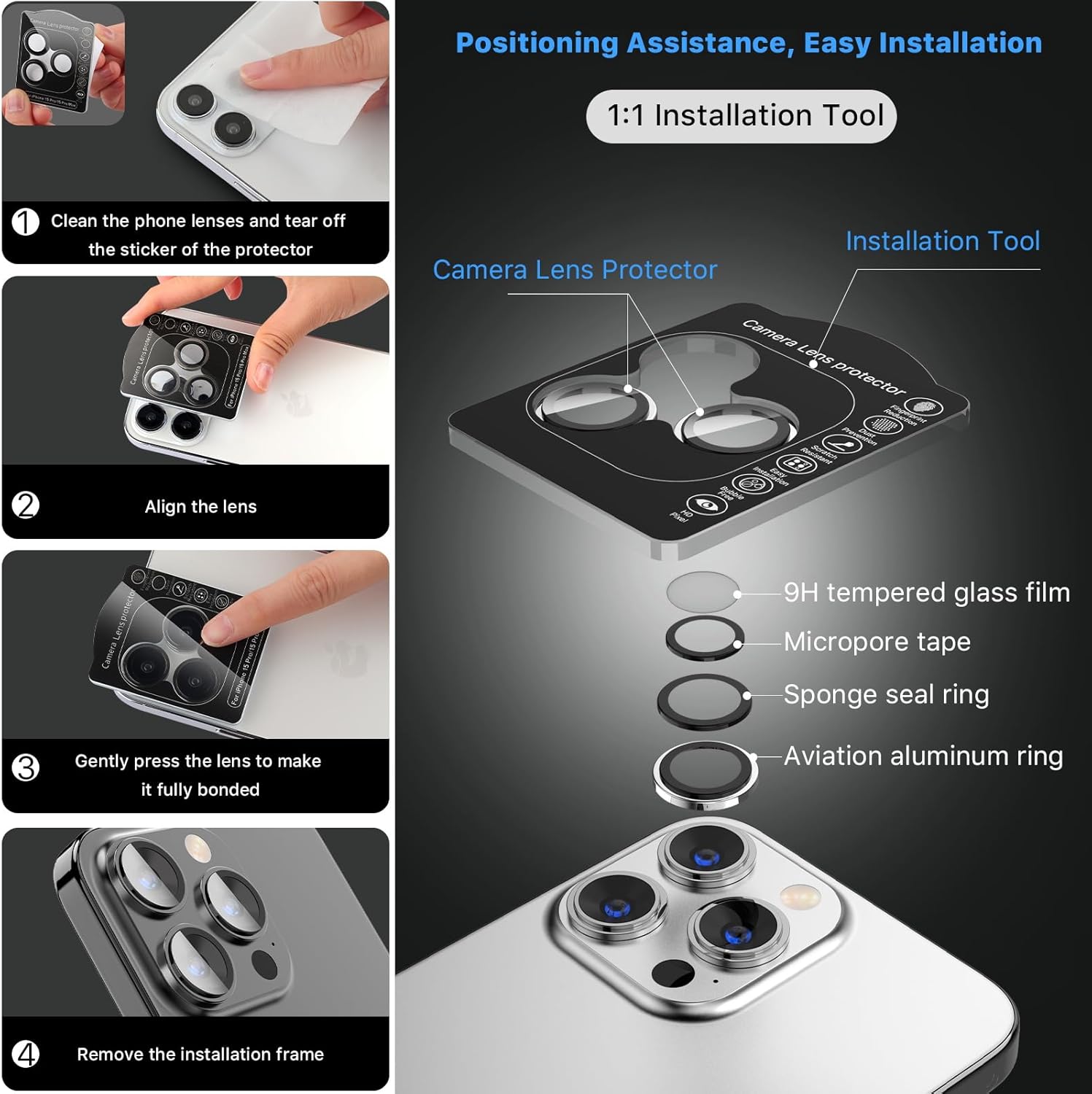 MYBAT PRO – Protector de lente de cámara para iPhone 15 Pro de 6.1 pulgadas y iPhone 15 Pro Max de 6.7 pulgadas, anillo de metal individual 9H,