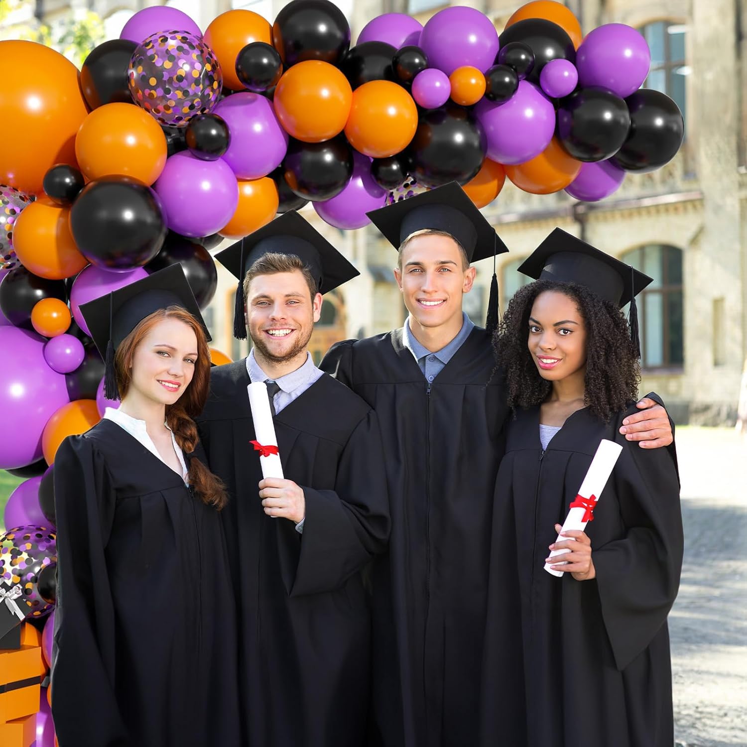 Kit de arco de globos de color negro, morado, naranja, naranja, morado, negro, guirnalda de globos de látex de confeti, globos de helio naranja,