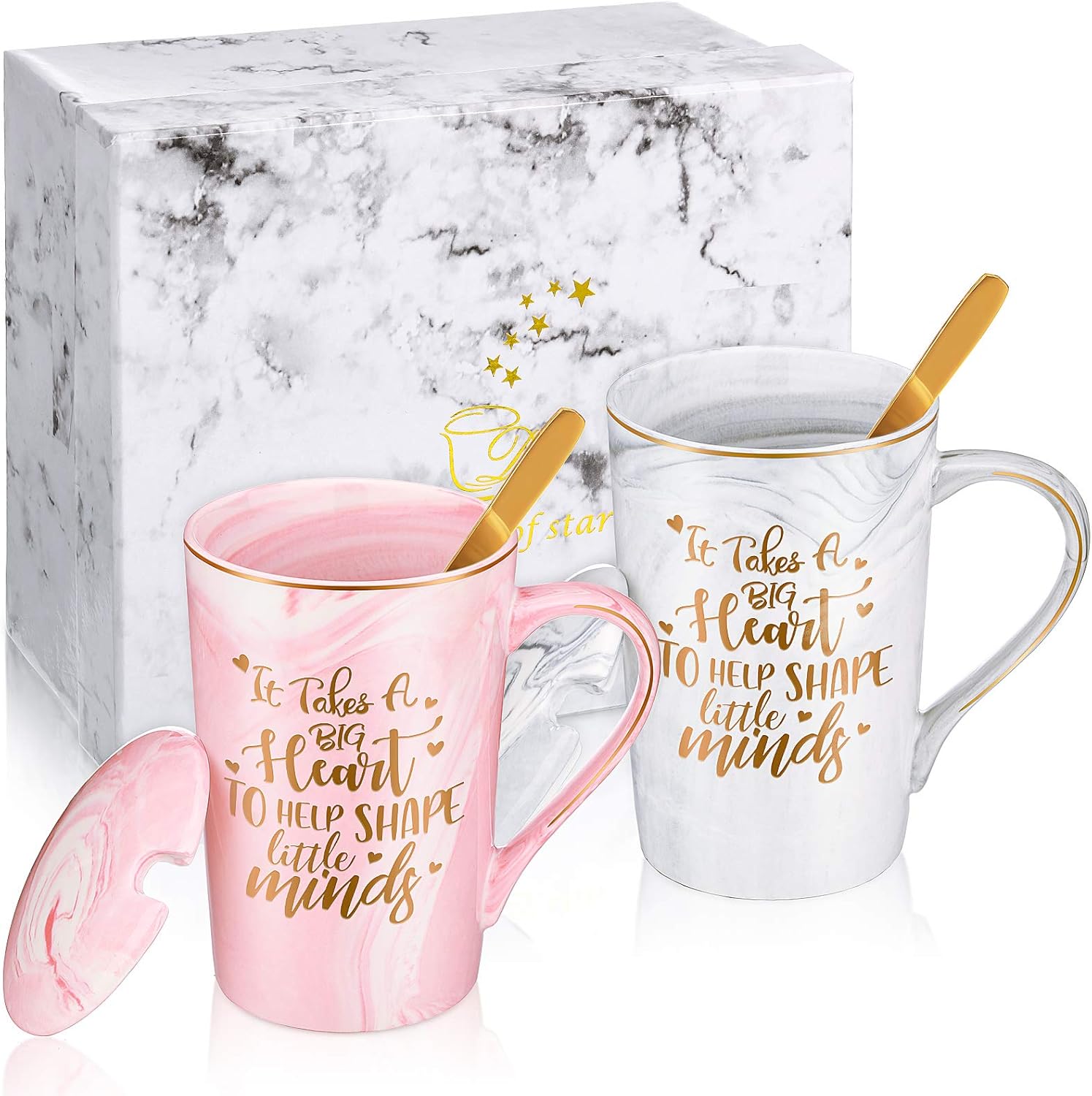 Geiserailie 2 piezas de regalos de agradecimiento para profesores para mujeres, tazas de café de cerámica de mármol de 14 onzas con tapa, caja de