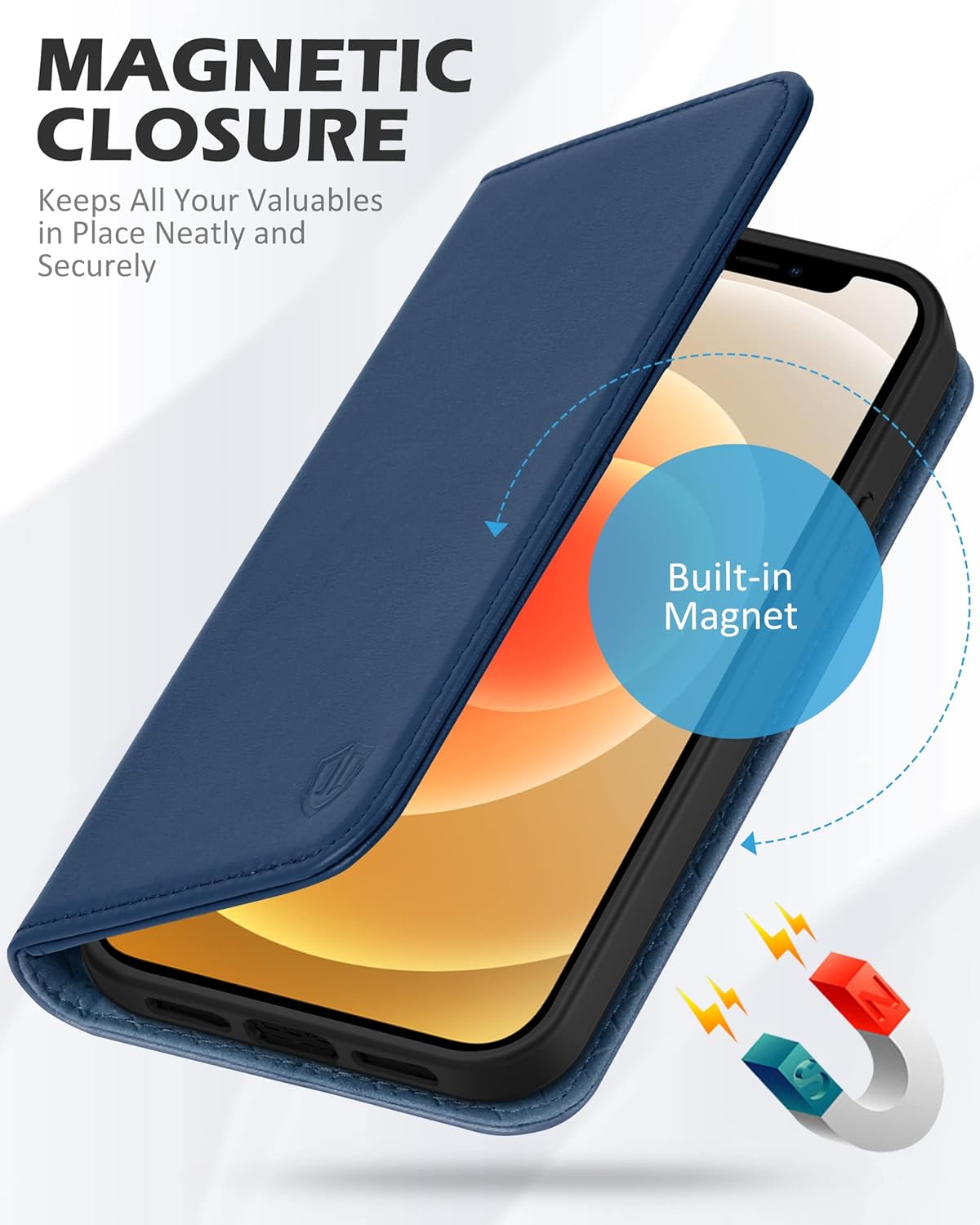 SHIELDON – Funda para iPhone 1212 Pro, cuero genuino, cubierta magnética, tarjetero con bloqueo RFID, kickstand, funda protectora a prueba de