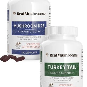 Real Mushrooms Paquete de vitamina D2, zinc, chaga, reishi (120 unidades) y cola de pavo (90 unidades)  Suplemento natural de fuerza inmunológica Real Mushrooms Paquete de vitamina D2, zinc, chaga, reishi (120 unidades) y cola de pavo (90 unidades)  Suplemento natural de fuerza inmunológica