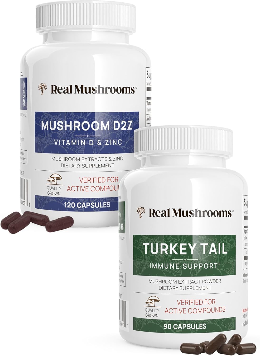 Real Mushrooms Paquete de vitamina D2, zinc, chaga, reishi (120 unidades) y cola de pavo (90 unidades)  Suplemento natural de fuerza inmunológica