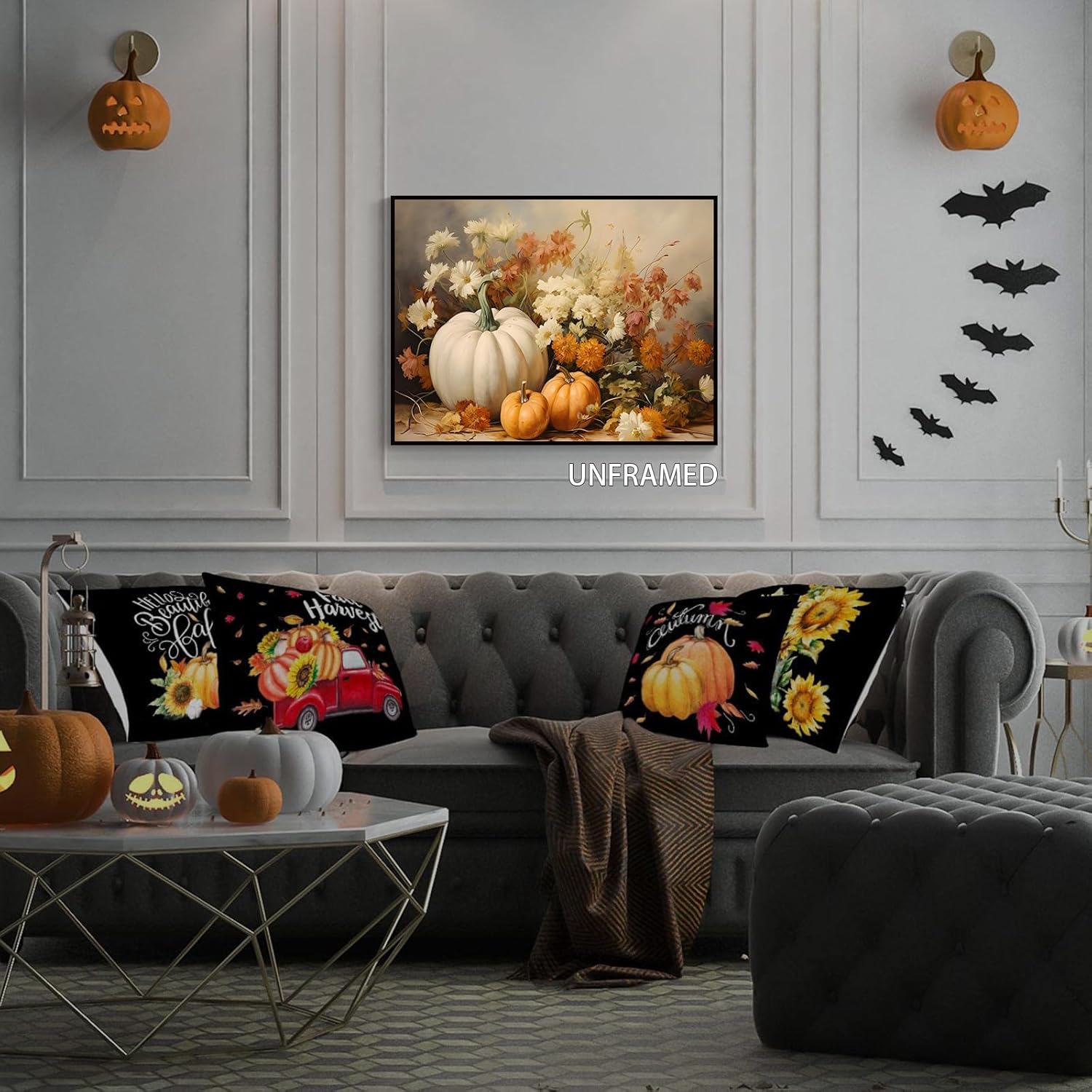 Wodkodnxy Lienzo decorativo para pared de otoño de granja, calabazas blancas y naranjas, cuadros de pintura de naturaleza muerta, carteles rústicos