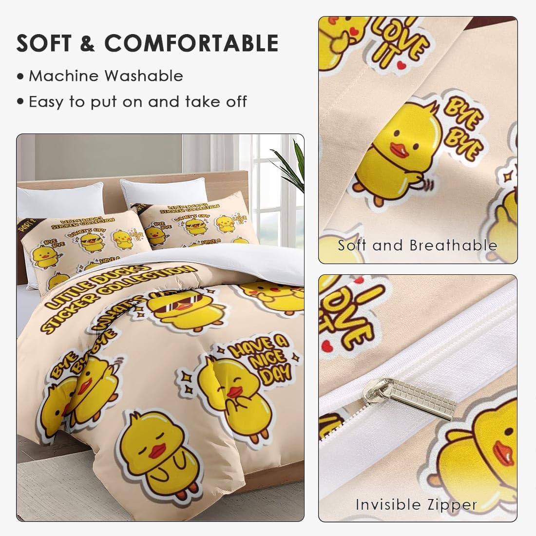 Juego de funda de edredón, juego de ropa de cama Kawaii Cute I de pato para niños y adultos, decoración de dormitorio, juego de funda de edredón