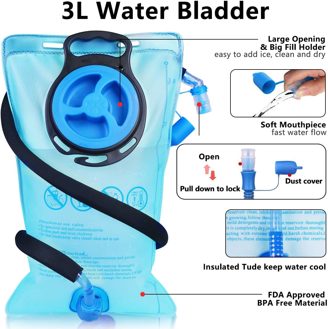 Lunidry Mochila de hidratación aislada con bolsa de agua a prueba de fugas de 3 L, sin BPA, mantiene los líquidos frescos hasta 5 horas, mochila