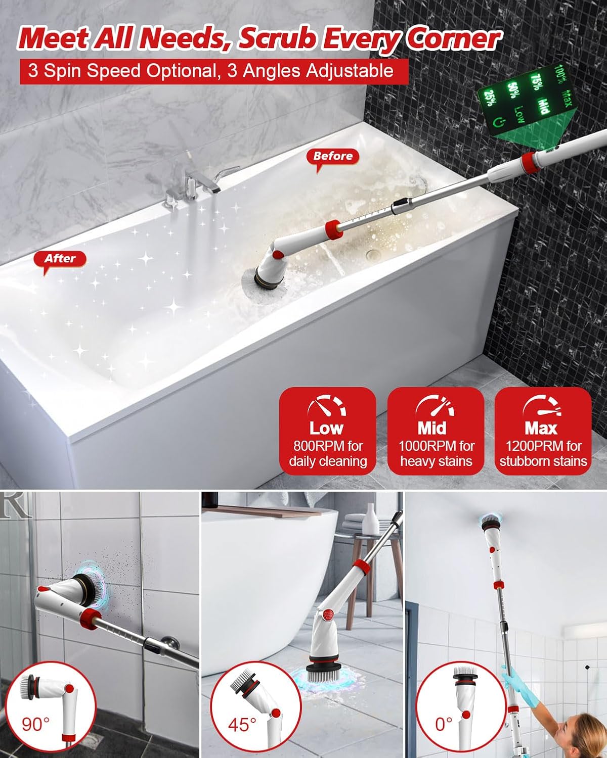 1200 RPM Electric Spin Scrubber, 21V Spin Scrubber for Cleaning, 50inch Extendable Handle Spinning Cleaning Brush, Cordless Power Spin Scrubber,8