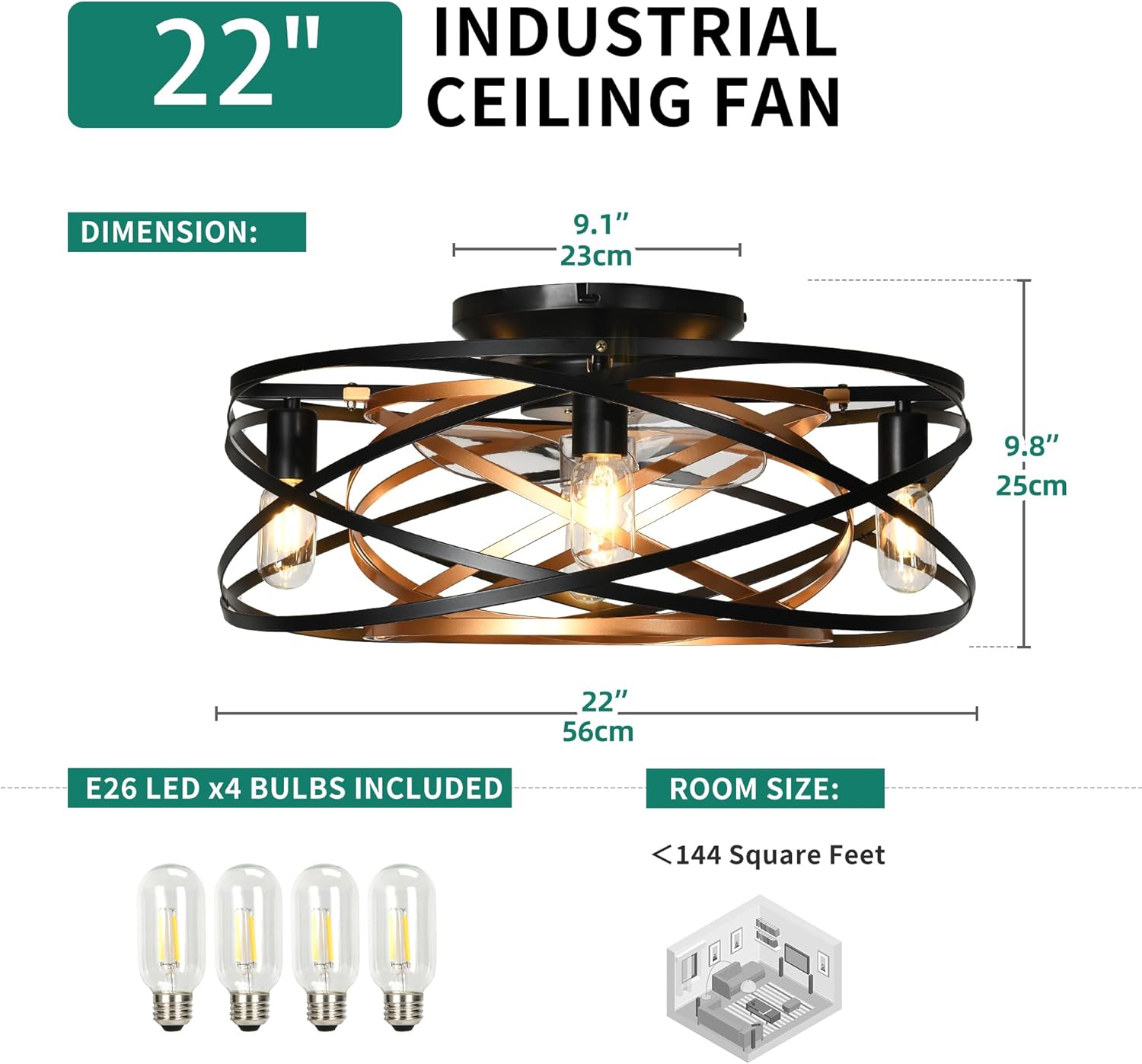 YITAHOME Ventiladores de techo enjaulados con control remoto de luces, ventilador de techo de perfil bajo sin aspas de 22 pulgadas, ventiladores de