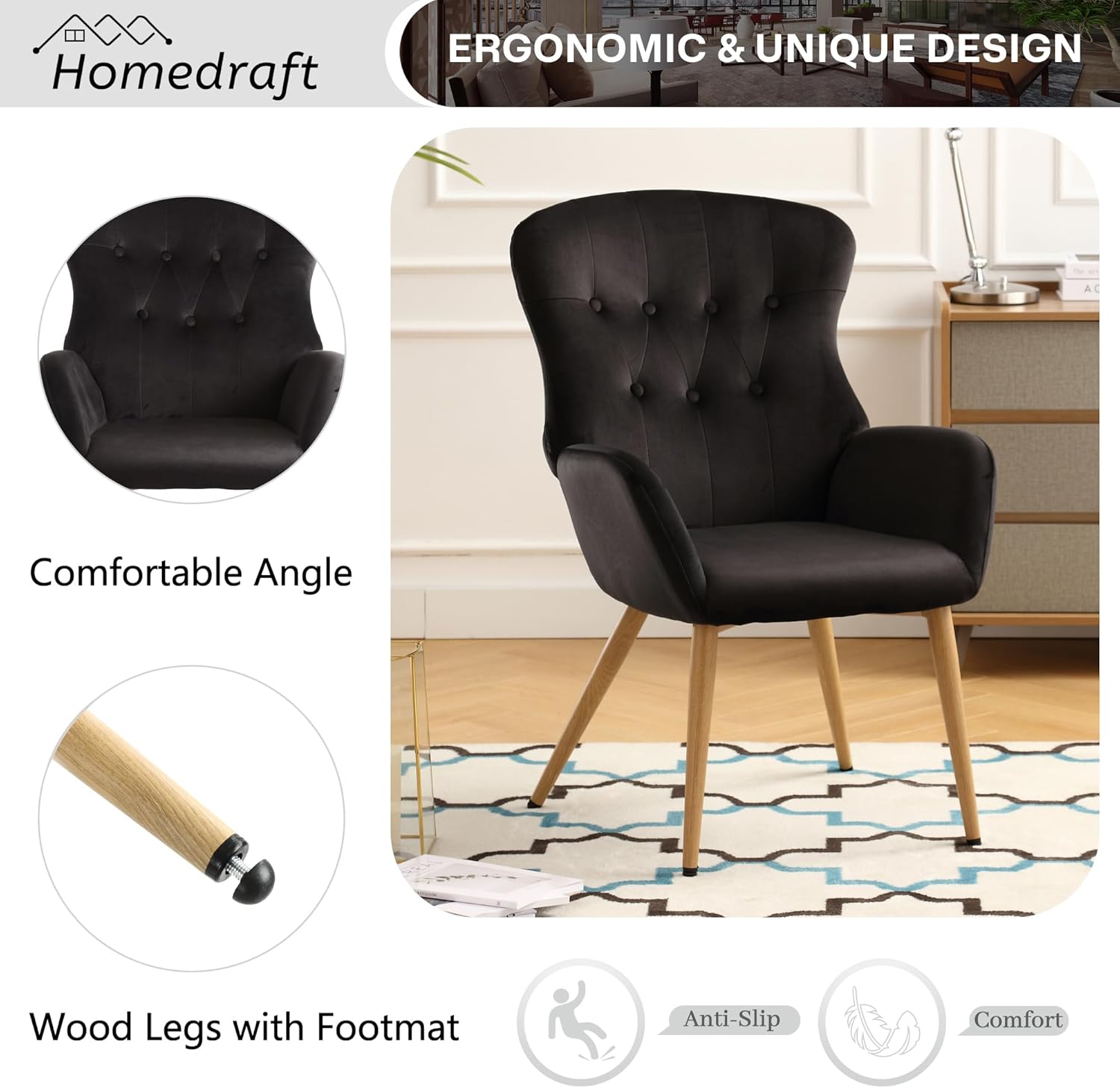Silla decorativa de terciopelo, silla de lectura copetuda con botones con respaldo de ala alta grande, cómoda silla de tocador tapizada con patas de