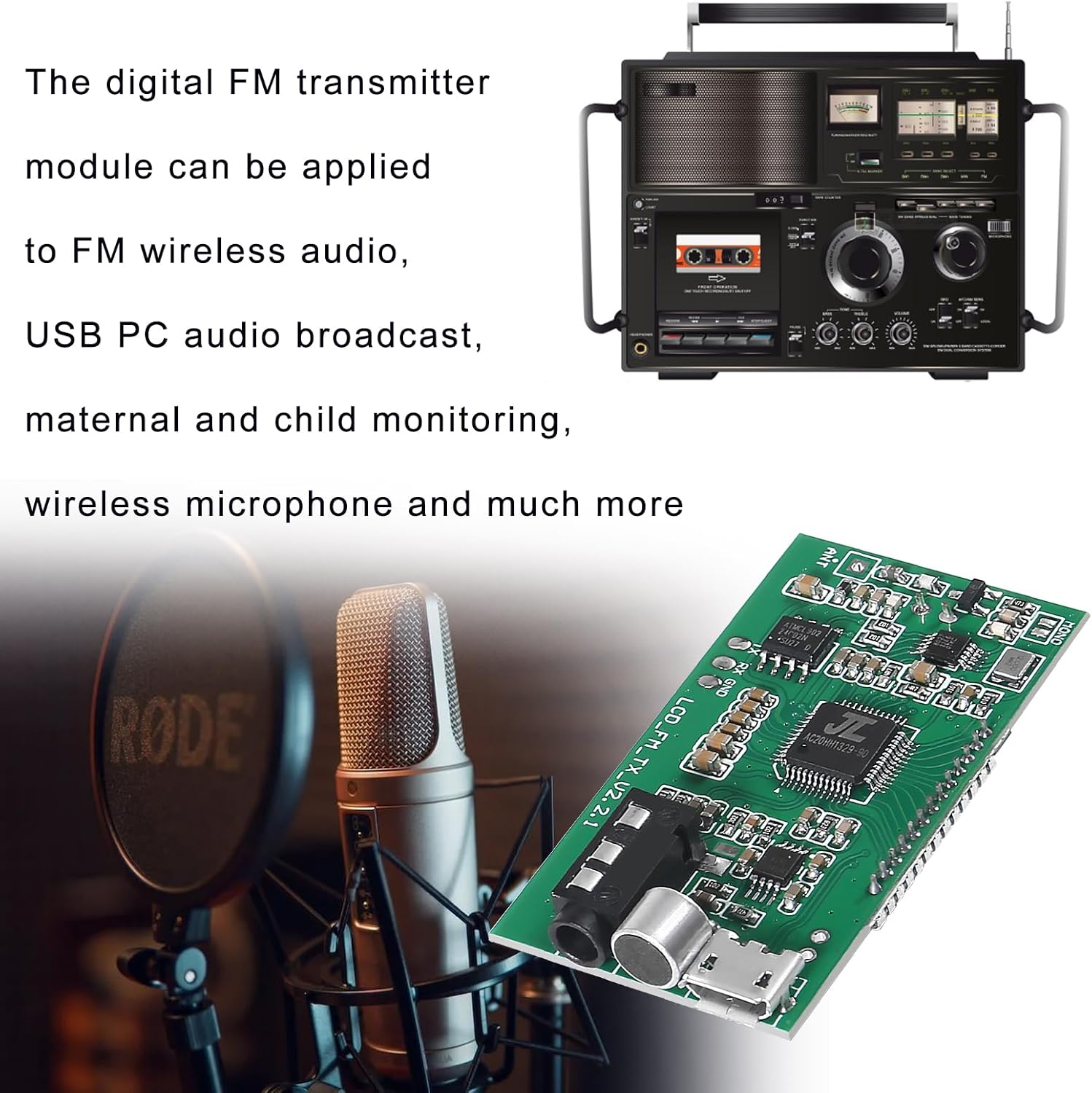Módulo transmisor FM DSP PLL 87-108 MHz estéreo digital inalámbrico placa de micrófono multifunción modulación de frecuencia con pantalla LCDentrada