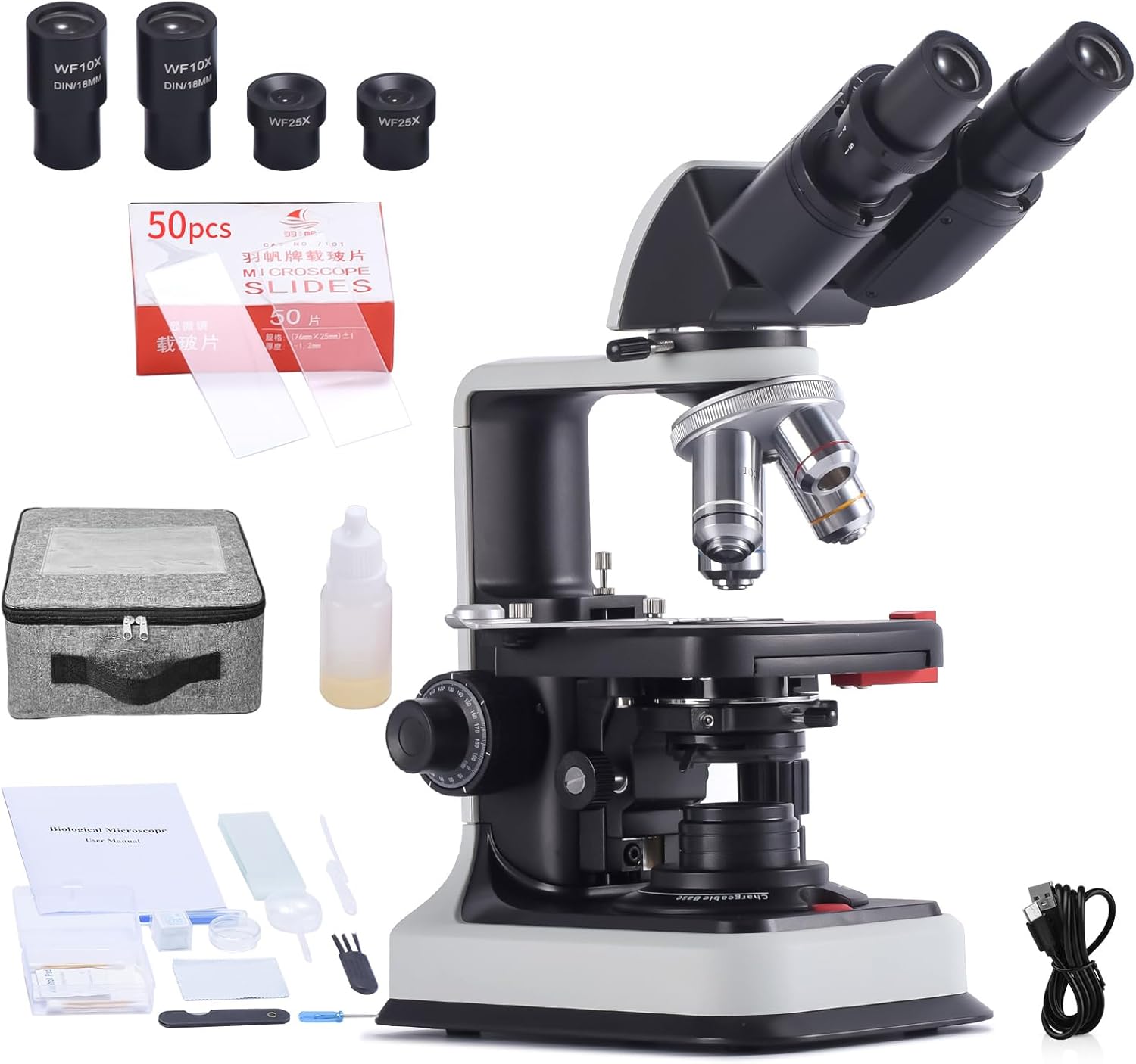 zorazelda Microscopio binocular compuesto, aumento 40X-2500X, cabeza Siedentopf, laboratorio de grado de investigación con oculares de campo ancho