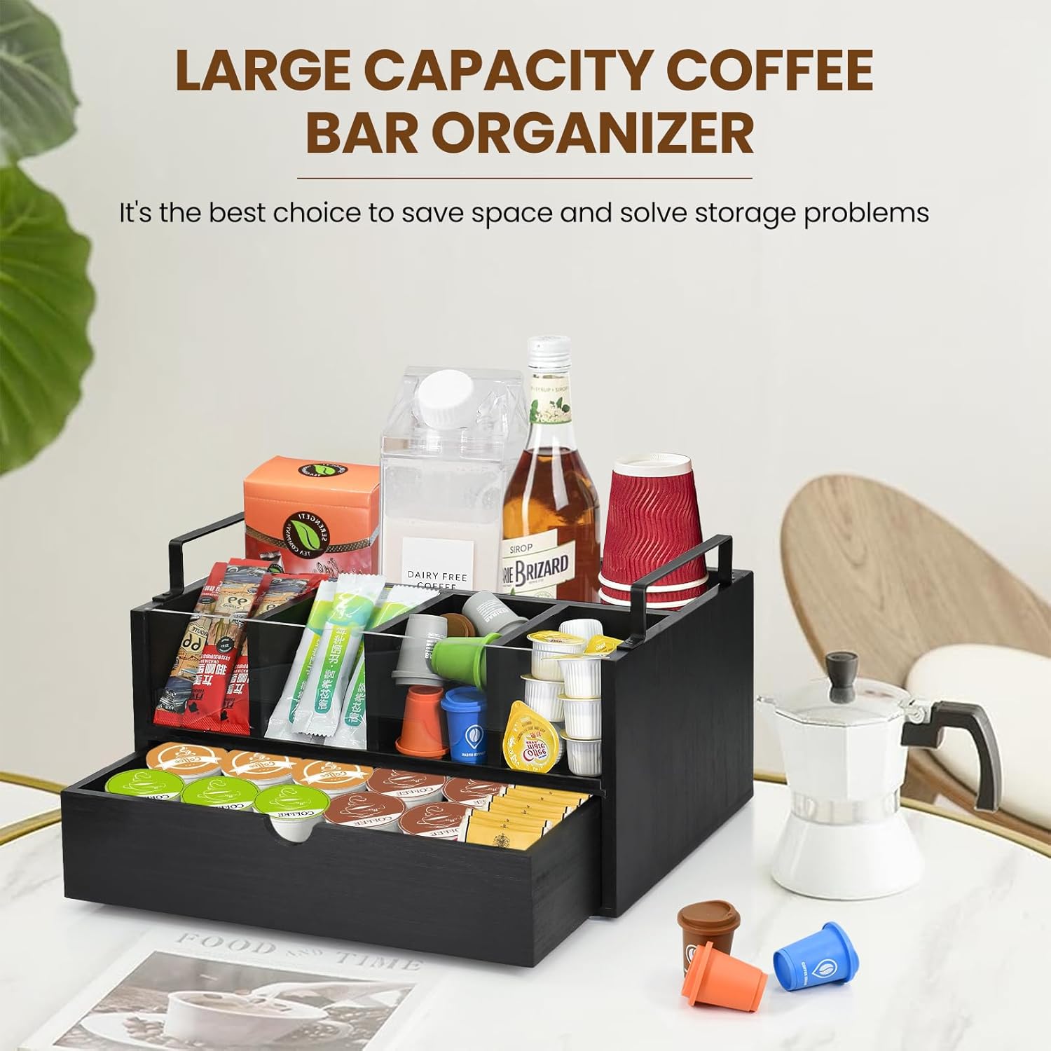 Organizador de barra de café para encimera, organizador de estación de café de madera con cajón, organizador de tazas K, soporte para cápsulas de