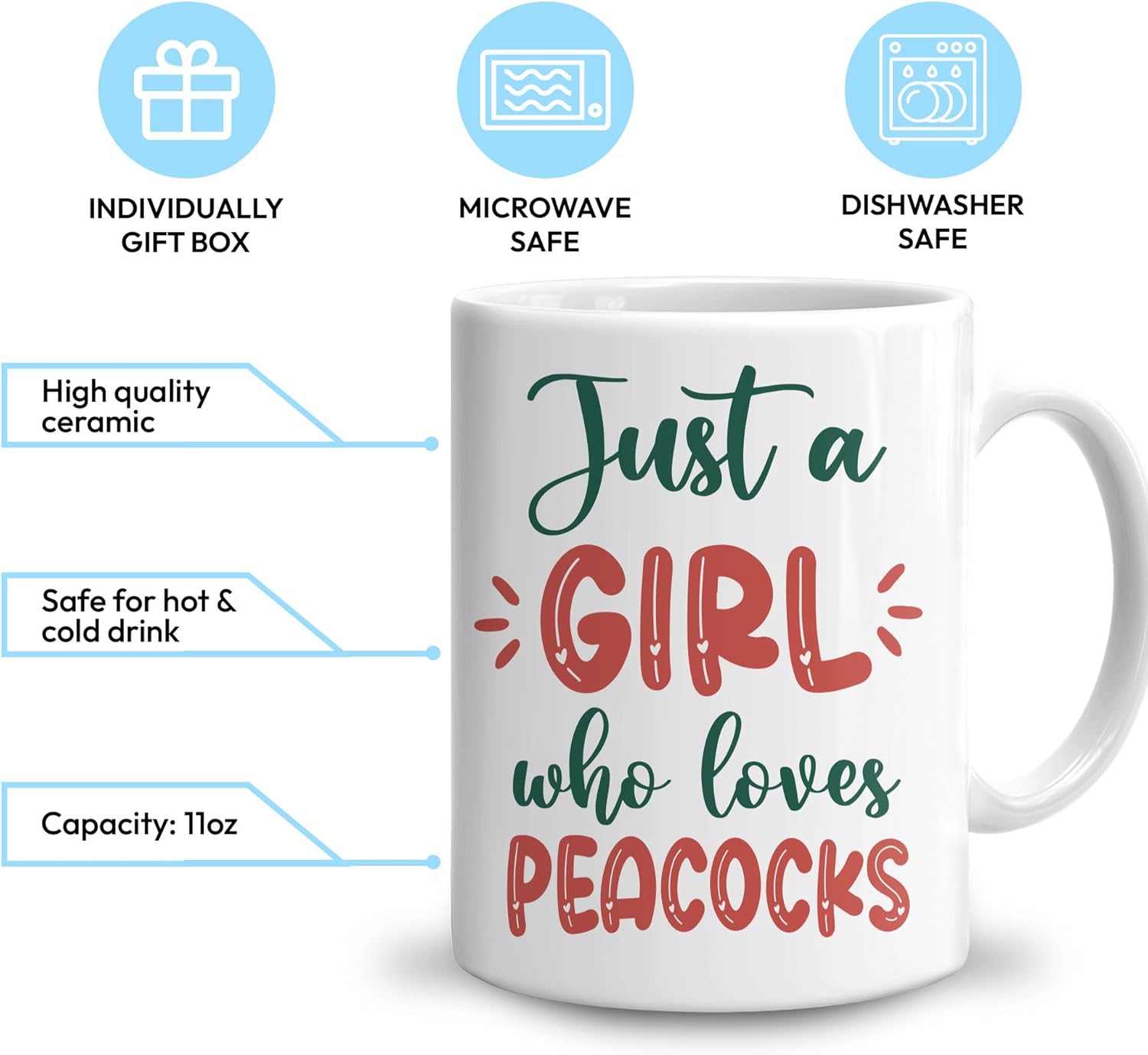 Hyturtle Regalos personalizados para amantes del pavo real  Just A Girl Who Loves Peacocks Taza de café de cerámica con nombre personalizado de 11