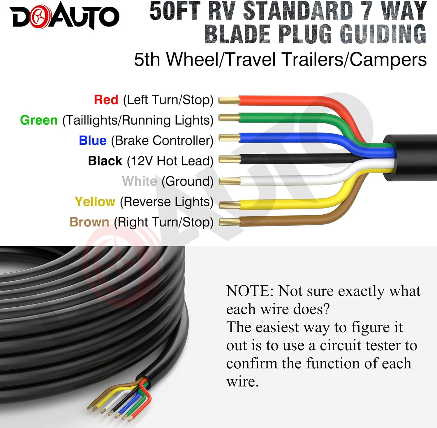 DOAUTO Cable de arnés de cable SAE, resistente de 50 pies, 141210 AWG de 7 vías, cable de cableado de hoja de conductor redondo de 7 vías, cable