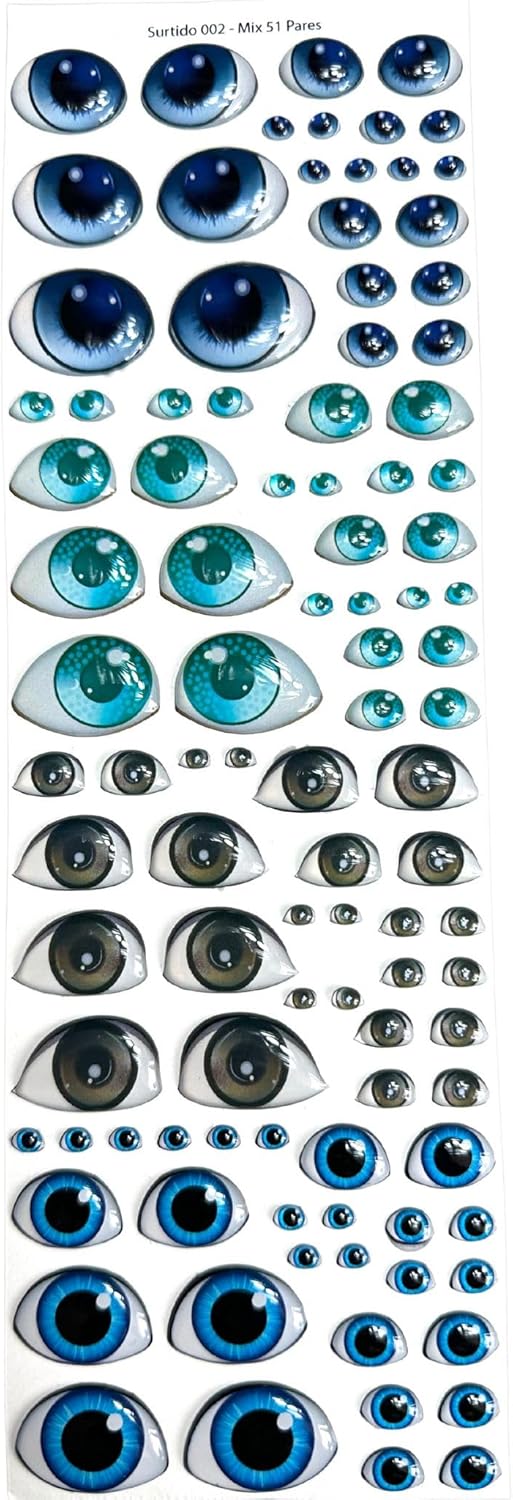 Ojos de resina 3D adhesivos o autoadhesivos para todo tipo de materiales, manualidades, decoración, 51 pares en azul, marrón, azul claro (tamaños en