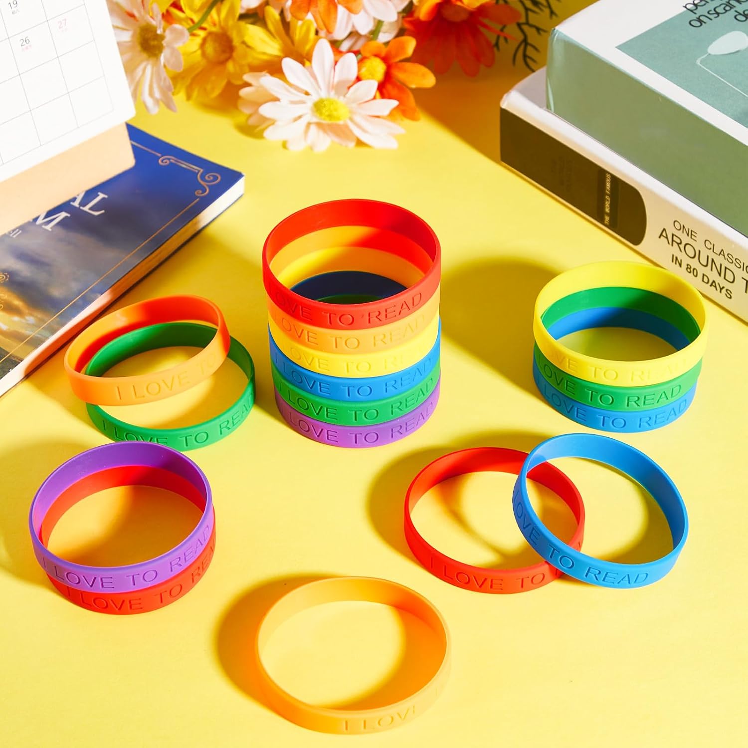 Jutom Pulsera de goma motivacional con texto en inglés “I Love to Read”, pulseras motivacionales coloridas, pulseras de silicona vital, pulseras