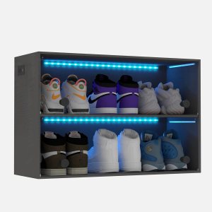 Almacenamiento de zapatos con luces LED para hasta 6 pares de zapatos, color negro, elegante zapatero con puerta de vidrio acrílico, cajas de Almacenamiento de zapatos con luces LED para hasta 6 pares de zapatos, color negro, elegante zapatero con puerta de vidrio acrílico, cajas de