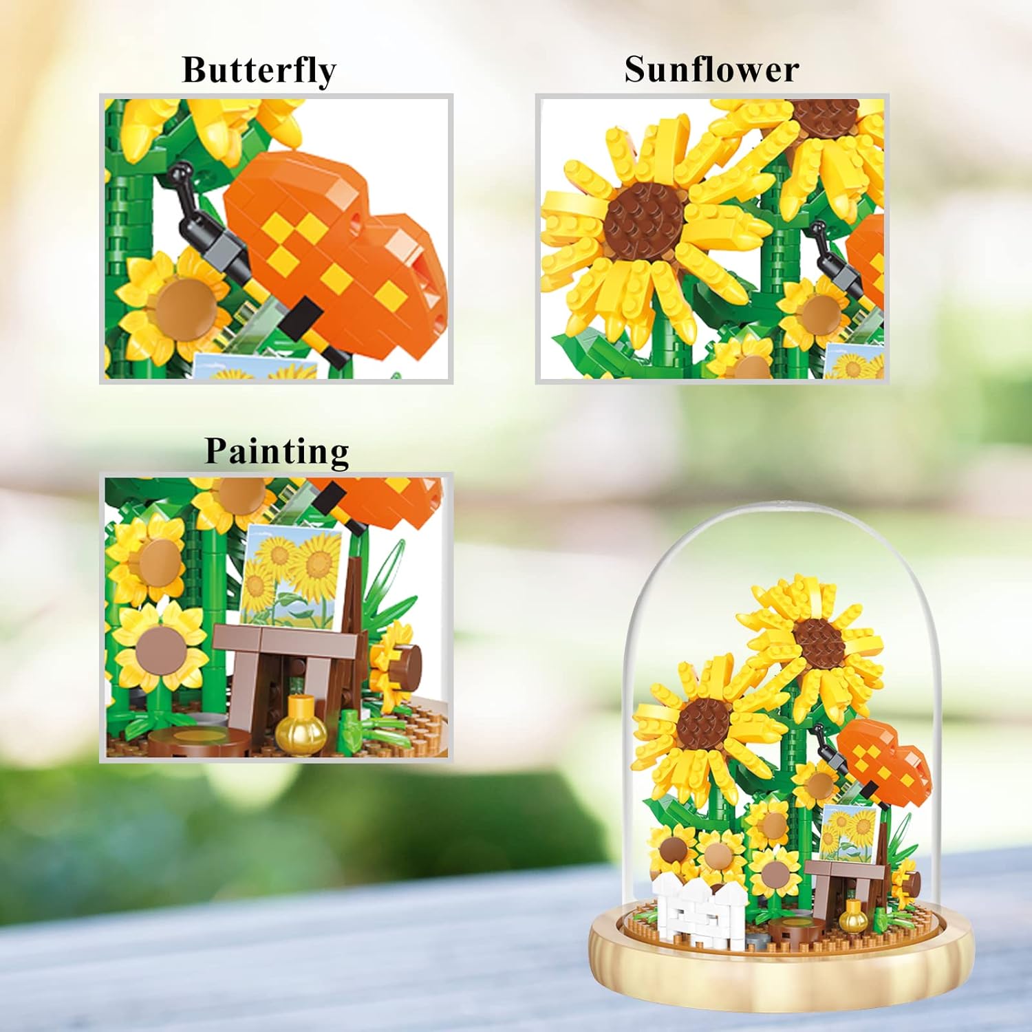 OLTLYUNH Juego de bloques de construcción de ramo de flores, mini ladrillos artificiales, colección botánica de girasol, juego de amigos de árbol