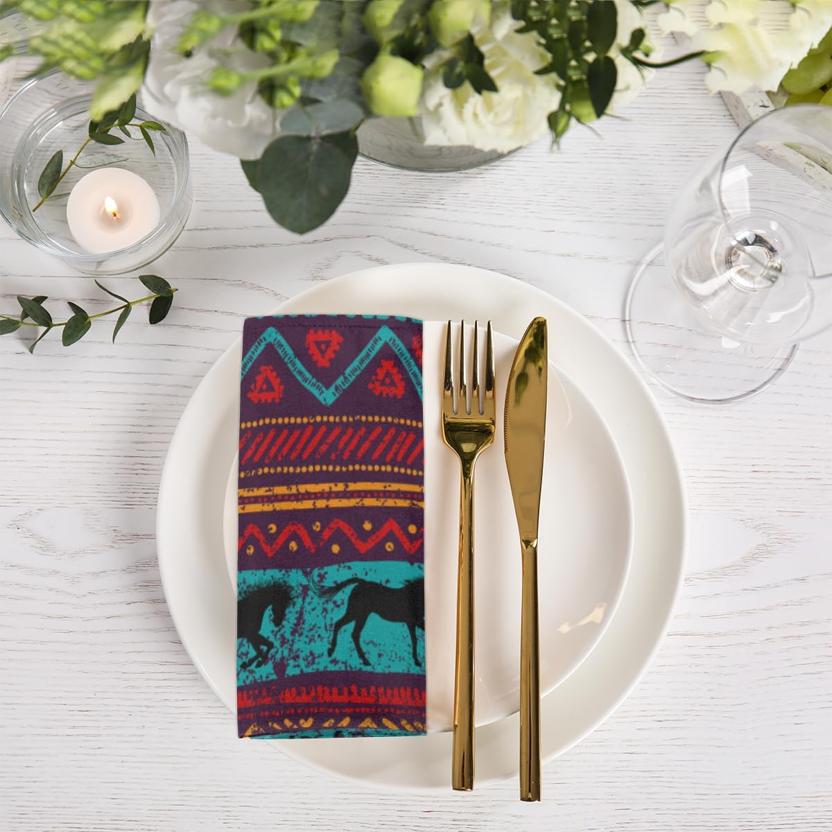 Cloth Napkins Set of 4 Ethnic Horse 20×20 Inch Cloth Napkins Aztec Pattern Washable Reusable Kitchen Dinner Napkins Table Decor for Wedding, Holiday