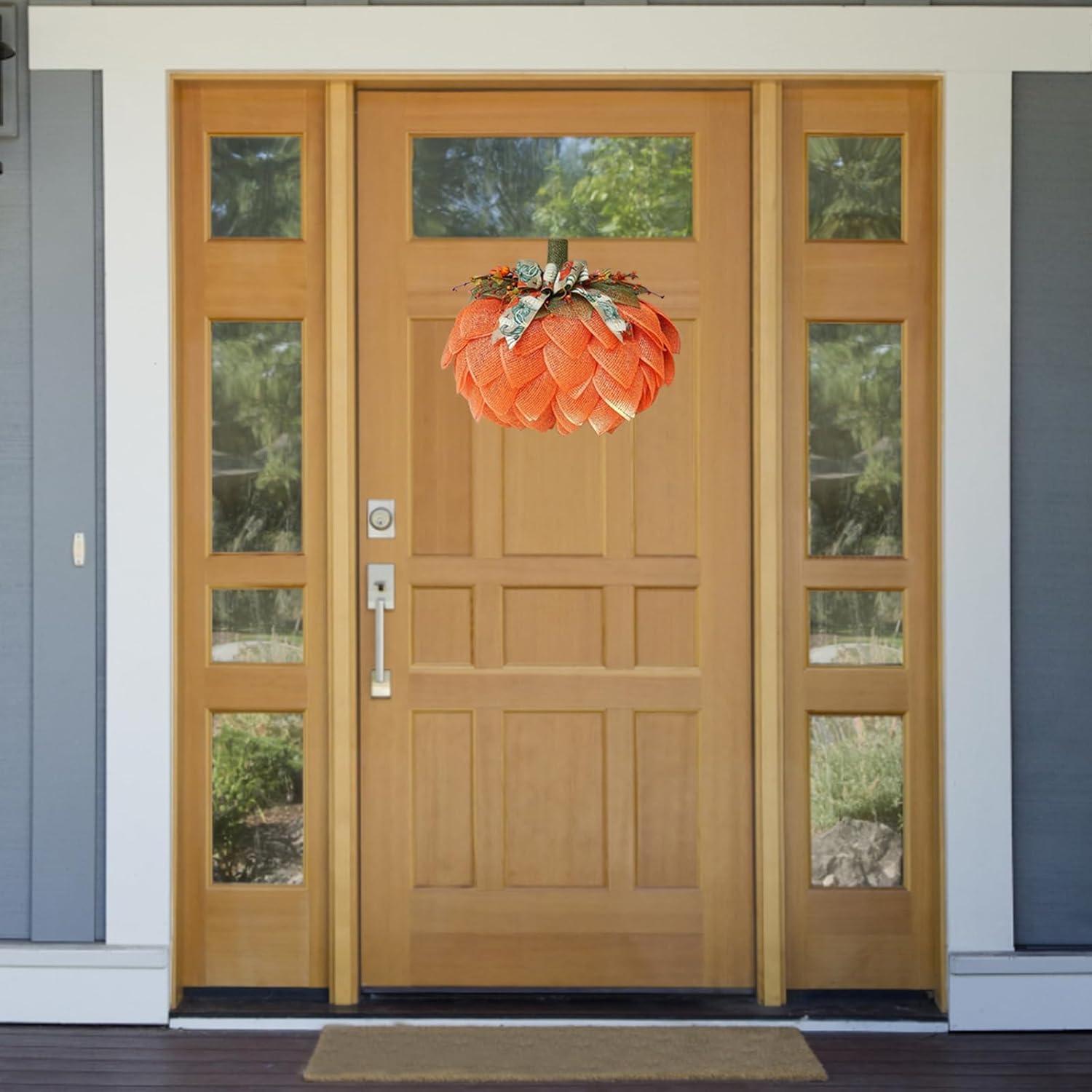 Corona de arpillera de otoño, corona de calabaza de arpillera, corona de calabaza de Acción de Gracias para puerta delantera, decoración de calabaza