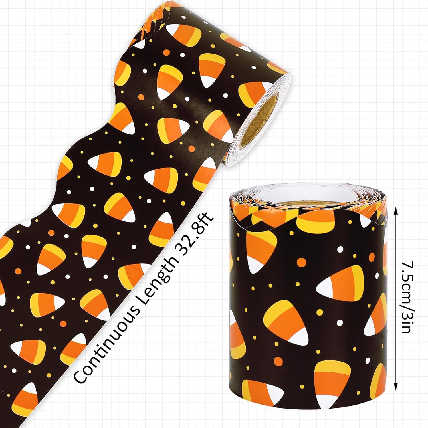 Whaline Tablero de anuncios de Halloween de 32.8 pies con borde troquelado de maíz de caramelo, borde festoneado para aula, decoración para la