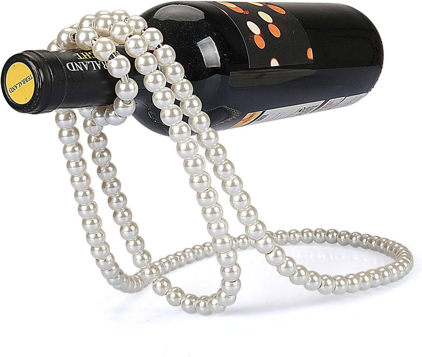 (Blanco) Collar de perlas artificiales flotante estante de vino, soporte de botella de vino de metal, soporte de botella de vino para bar y