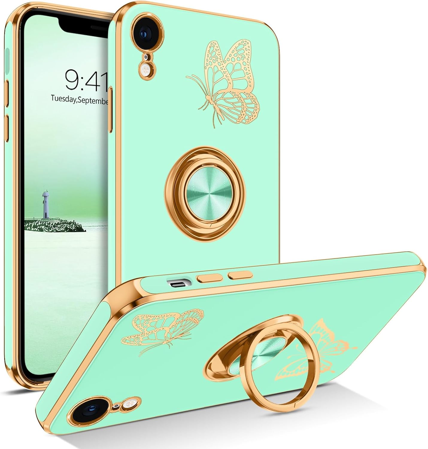 BENTOBEN Funda para iPhone XR, funda para teléfono iPhone XR 6.1, ajuste delgado, diseño de mariposa dorada, soporte de anillo de soporte de anillo