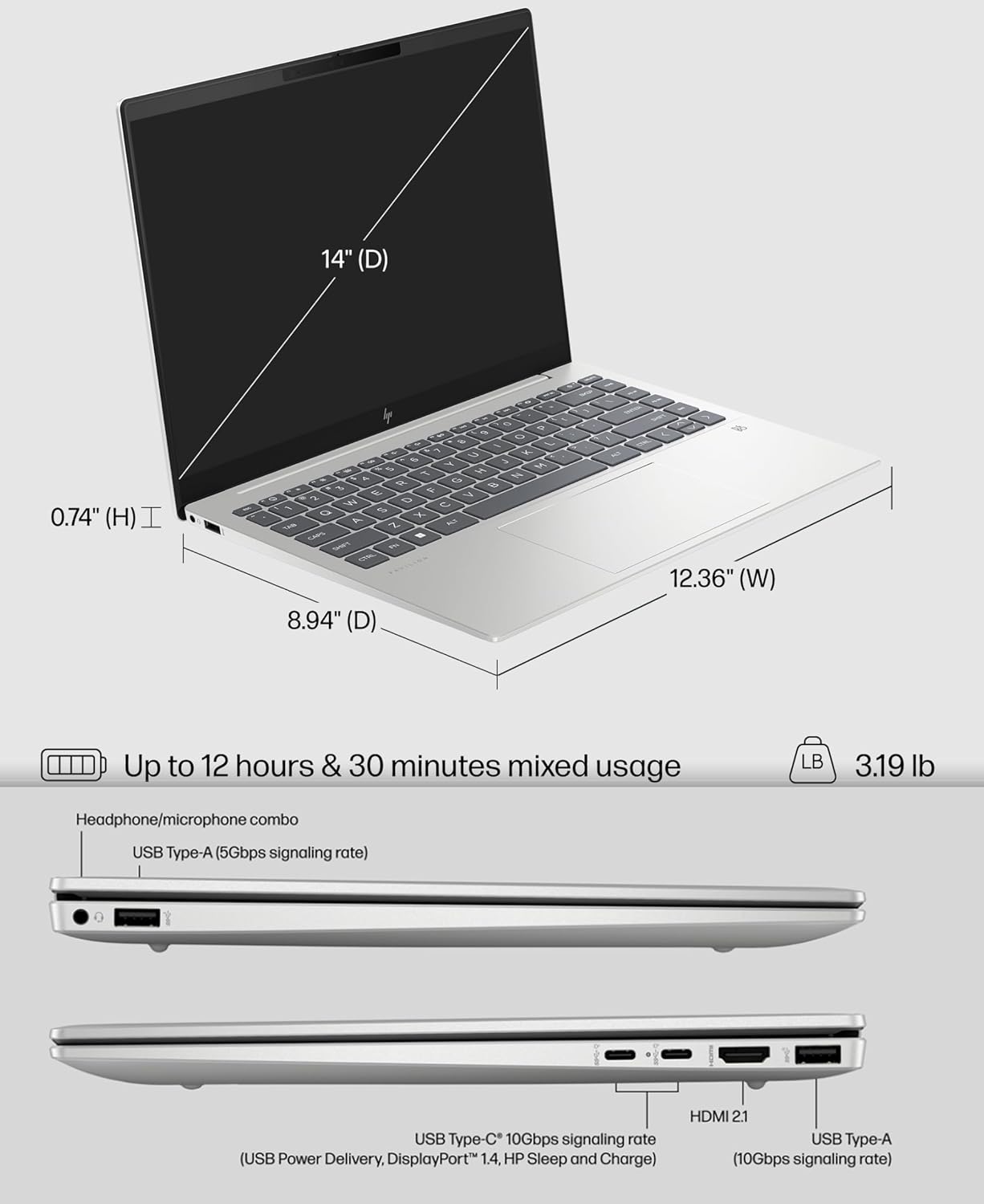 HP Pavilion Plus – Laptop OLED de 14 pulgadas, 2.8 k (2880 x 1800) 120 Hz 500 Nits – TÜV – AMD Ryzen 7 7840U (Beats i5 12500H) – Wi-Fi 6E – KB