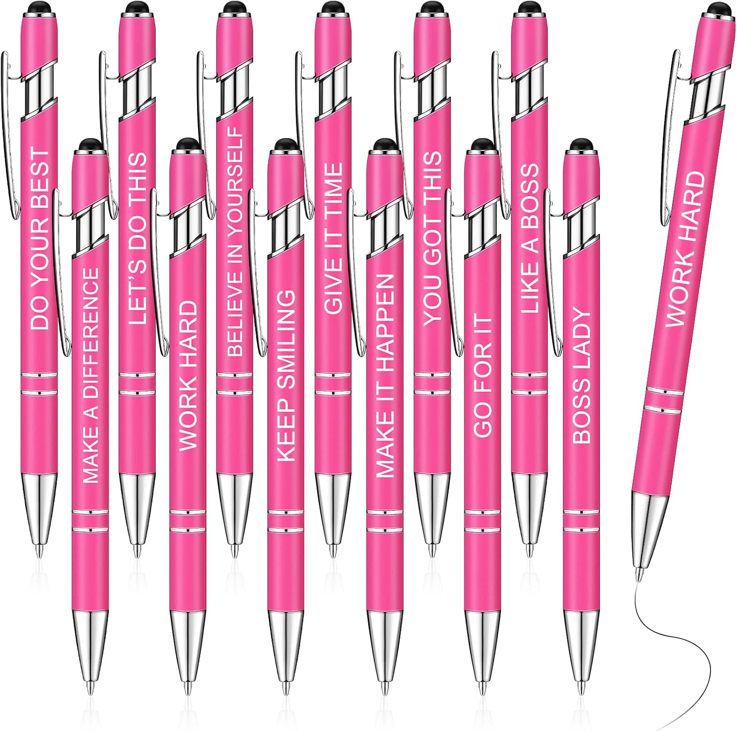 12 bolígrafos Zonon con citas inspiradoras, lápiz digital (stylus), mensajes motivacionales, de metal, tinta negra, alentadores (Dama Jefa, rosa)