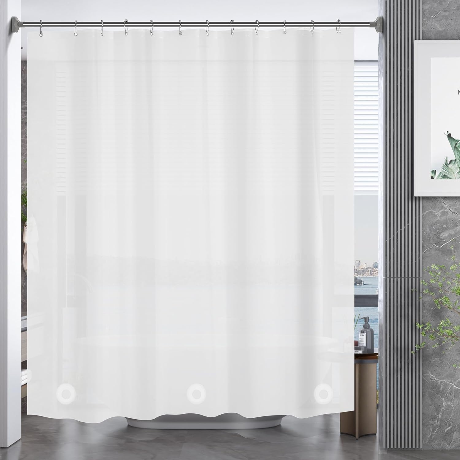 AmazerBath – Cortina de ducha de plástico, 70 x 72 pulgadas, cortina de ducha esmerilada de plástico, impermeable, pesada, gruesa, con 3 piedras