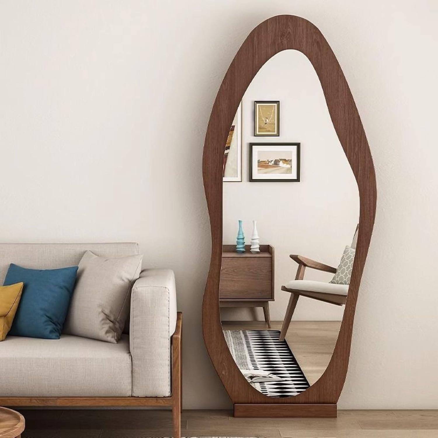 Espejo irregular de longitud completa, 63 x 24 pulgadas, espejo de suelo irregular para colgar o apoyar contra la pared para dormitorio, sala de