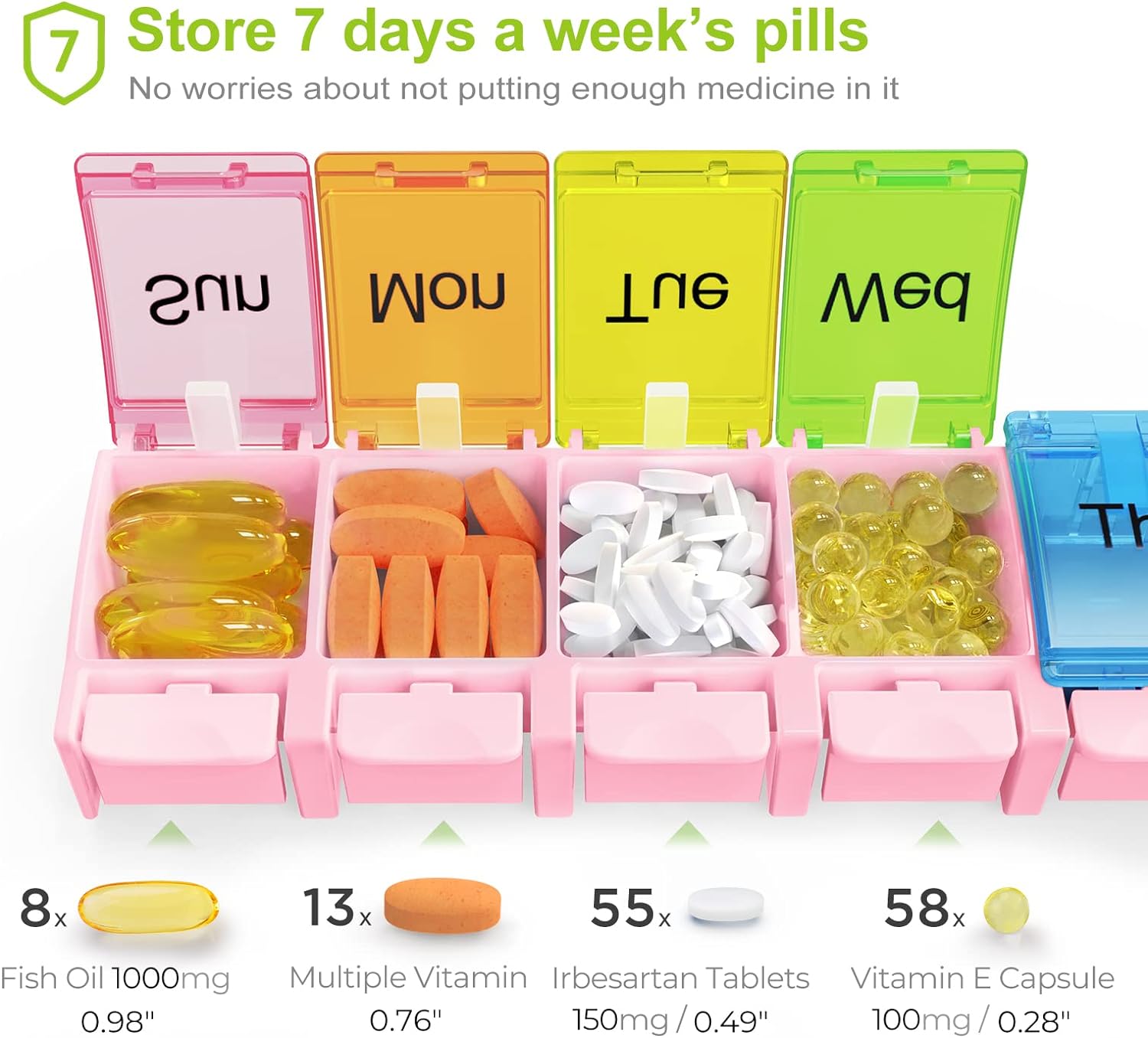 AUVON – Pastillero semanal sin BPA, adecuado para artritis, diseño de apertura de resorte y compartimento grande para vitaminas, aceite de hígado de