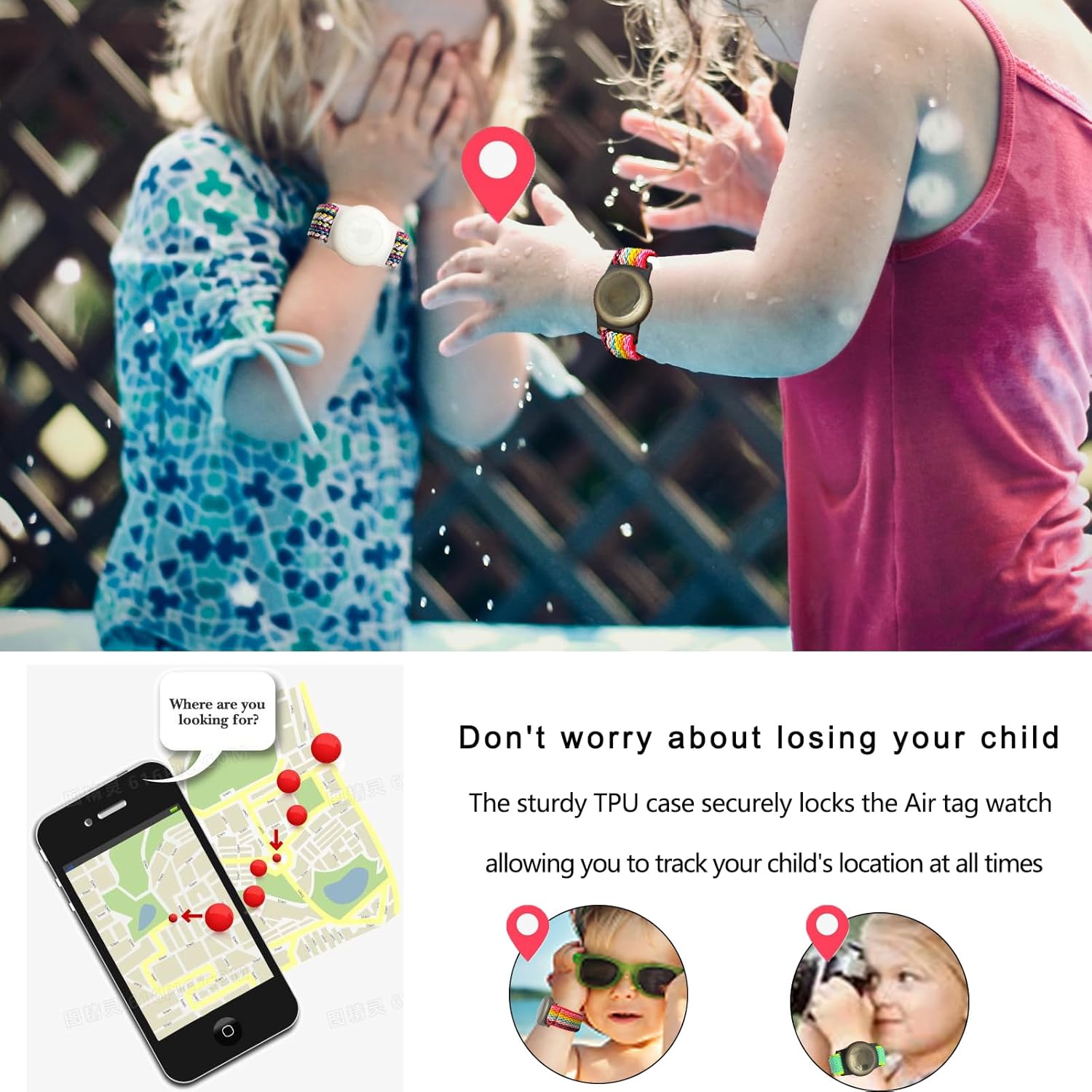 Paquete de 3 pulseras AirTag para niños, pulseras elásticas de nailon con soporte para Apple AirTag, funda protectora para rastreador GPS y AirTag