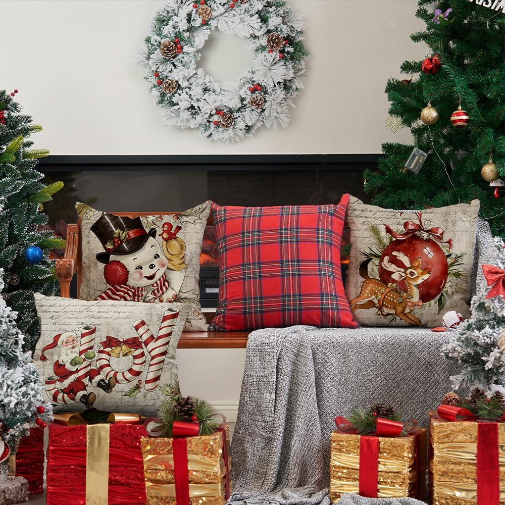 DFXSZ Juego de 4 fundas de almohada de Navidad de 20 x 20 pulgadas, diseño de reno, muñeco de nieve de Papá Noel, diseño vintage, decoración retro
