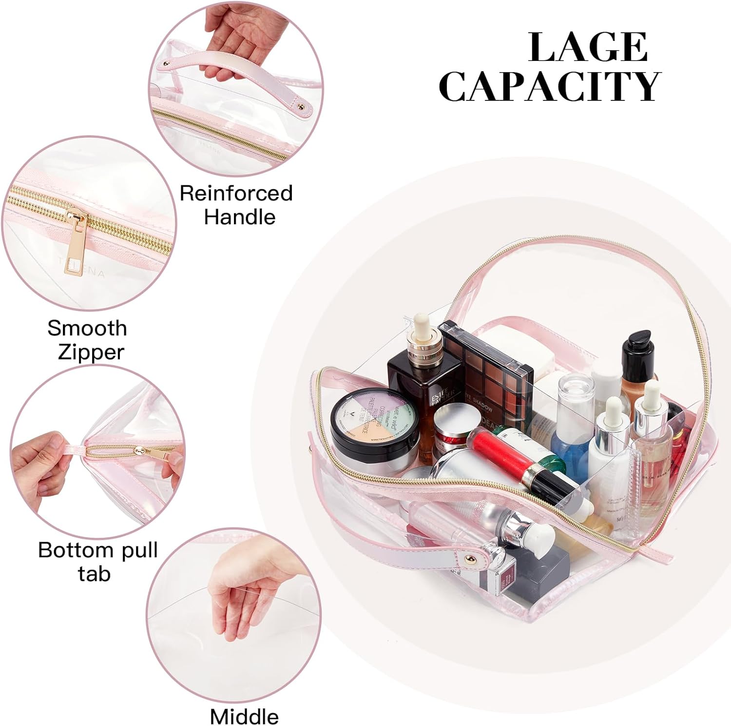 Telena Bolsa de maquillaje de gran capacidad, bolsa de cosméticos portátil de piel sintética resistente al agua, bolsas organizadoras de maquillaje