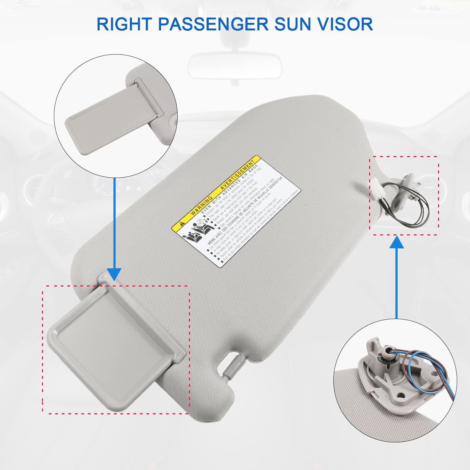 DICMIC Visera solar del lado del pasajero derecho para Nissan Pathfinder 2013-2018 Infiniti QX60 2013 Infiniti JX35 2013 Reemplazo # 96400-9PB0A,
