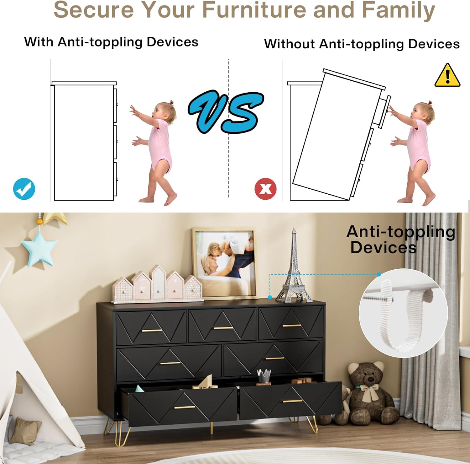 JOZZBY Cómoda para dormitorio, cómoda de 7 cajones, cómoda negra con asas doradas, cómodas modernas y cómodas, cómoda para niños, para dormitorio,