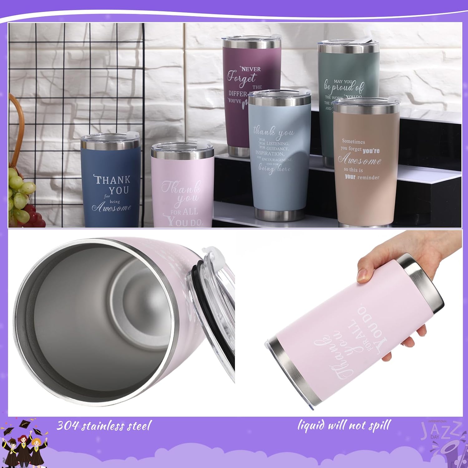 Paquete de 6 vasos de viaje de acero inoxidable con aislamiento al vacío de 20 onzas, regalo de agradecimiento a los empleados, regalo de
