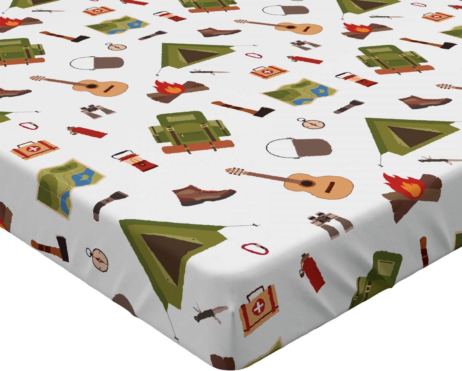 Ambesonne Sábana bajera ajustable para campamento, diseño de guitarra y brújula de aventura con estampado de dibujos animados de bosque, funda de