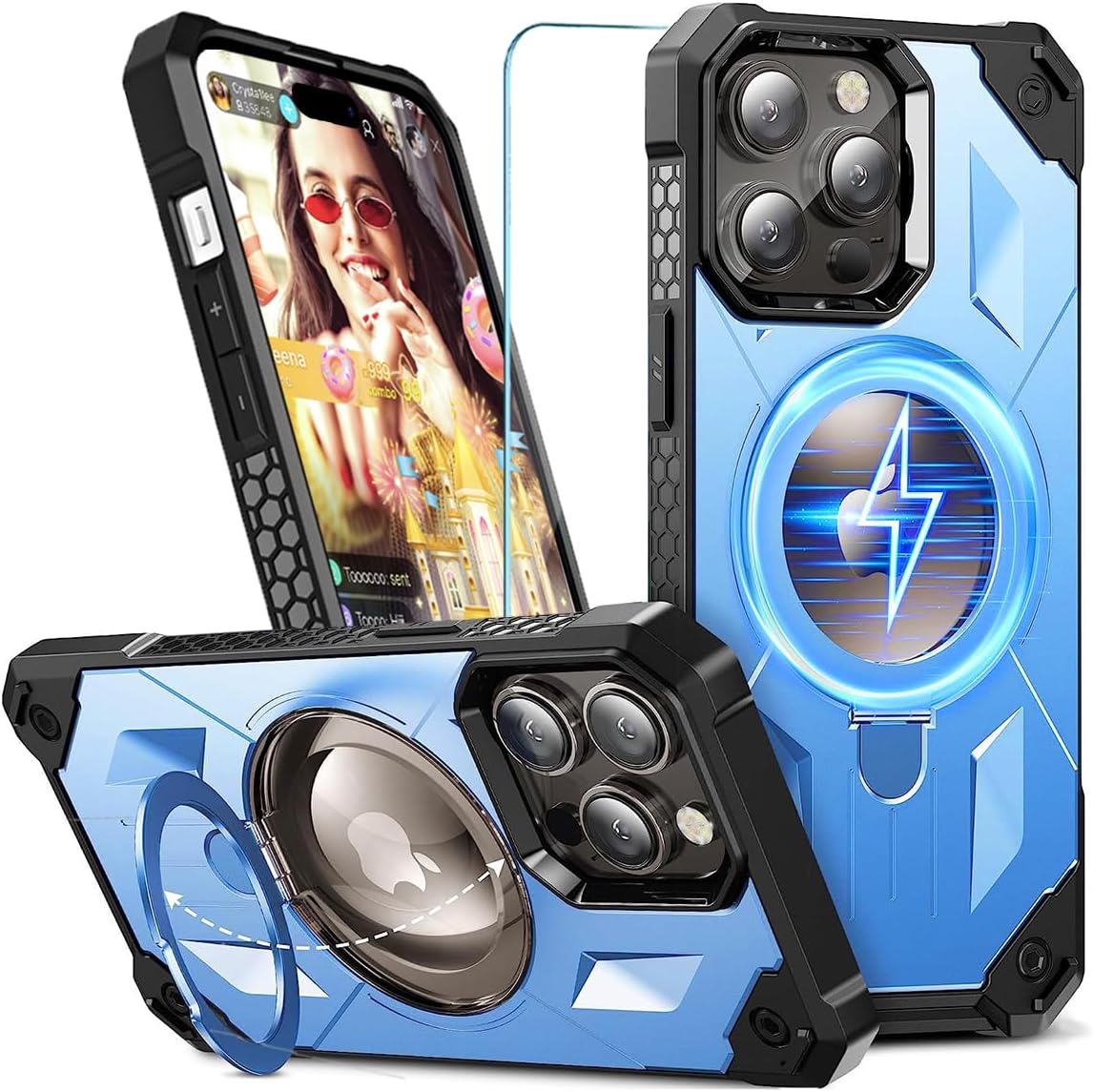 WATEFULL Funda MagSafe compatible con iPhone 15 Pro, anillo magnético plegable invisible, a prueba de golpes, funda protectora brillante de doble