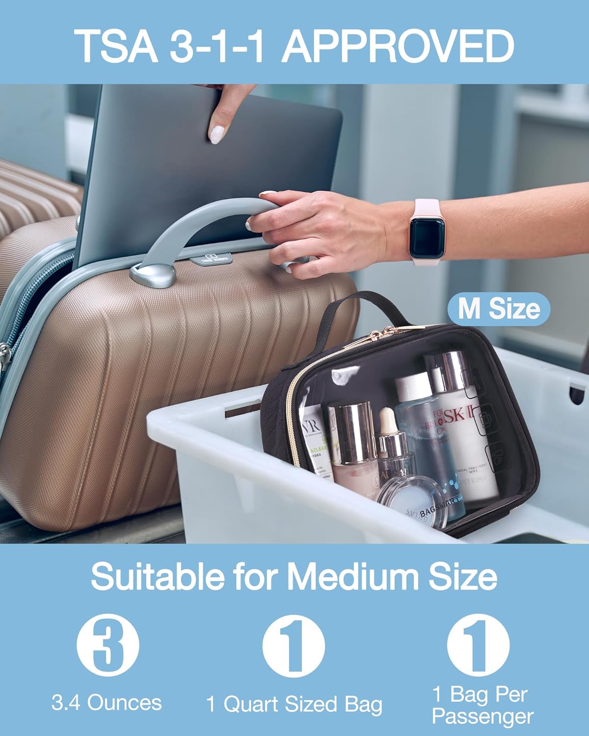 BAGSMART Bolsa de aseo aprobada por la TSA, organizador de cosméticos de maquillaje transparente, bolsa de viaje de tamaño de cuarto de galón para