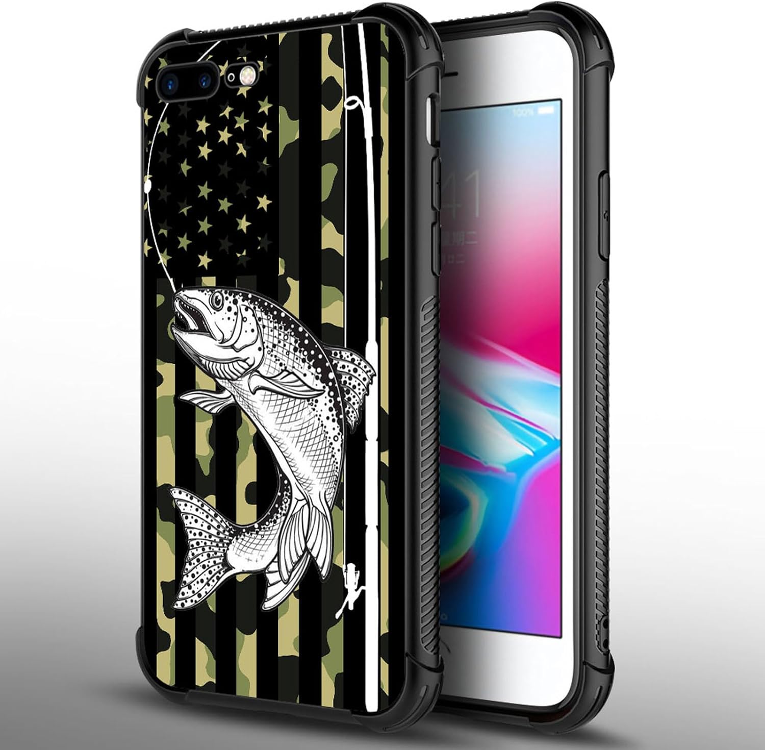 DAIZAG Funda compatible con iPhone 7 Plus8 Plus Camo Fishing American Flag Phone Case a prueba de golpes suave funda para teléfono para niños y