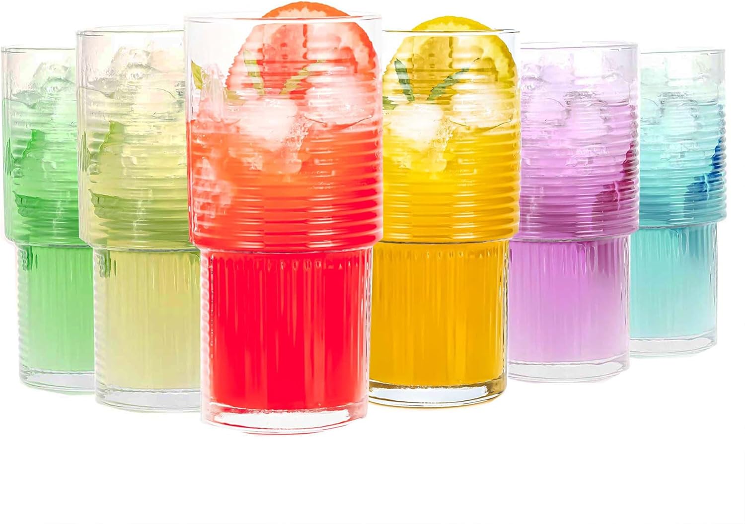 Vasos acanalados, taza de vidrio Highball, 6 vasos apilables, vasos de cóctel, cristalería vintage para cóctel, jugo, té helado, agua, café helado,