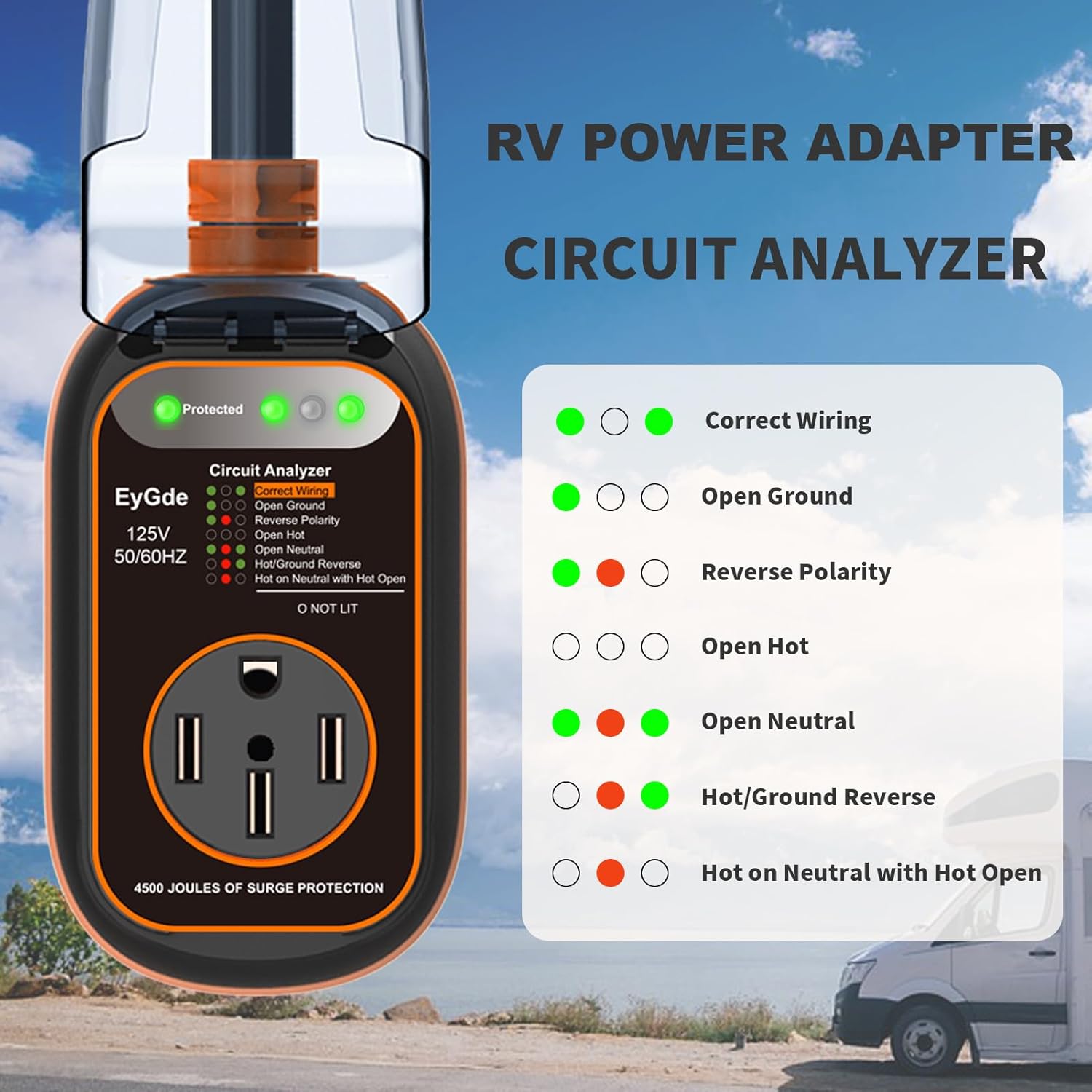 EyGde Adaptador RV de 30 amperios a 50 amperios con protector de sobretensiones impermeable, patentado TT-30P macho a 14-50R hembra, analizador de