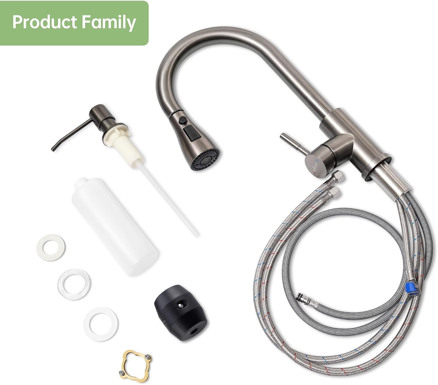 APPASO Grifo de cocina con dispensador de jabón, grifos de fregadero de cocina de acero inoxidable negro con rociador extraíble, 3 modos, grifos de