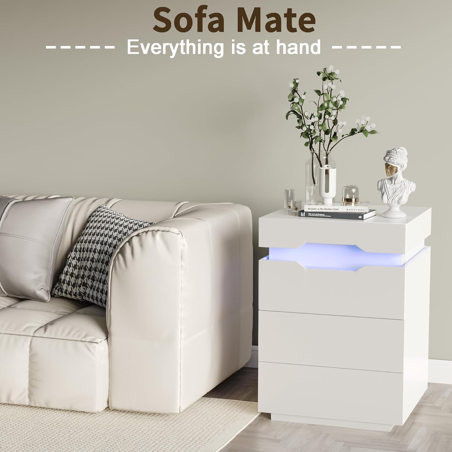 YESHOMY Juego de 2 mesitas de noche LED con estación de carga, 3 cajones para dormitorio, sala de estar, gran capacidad, 27.5 pulgadas de altura,