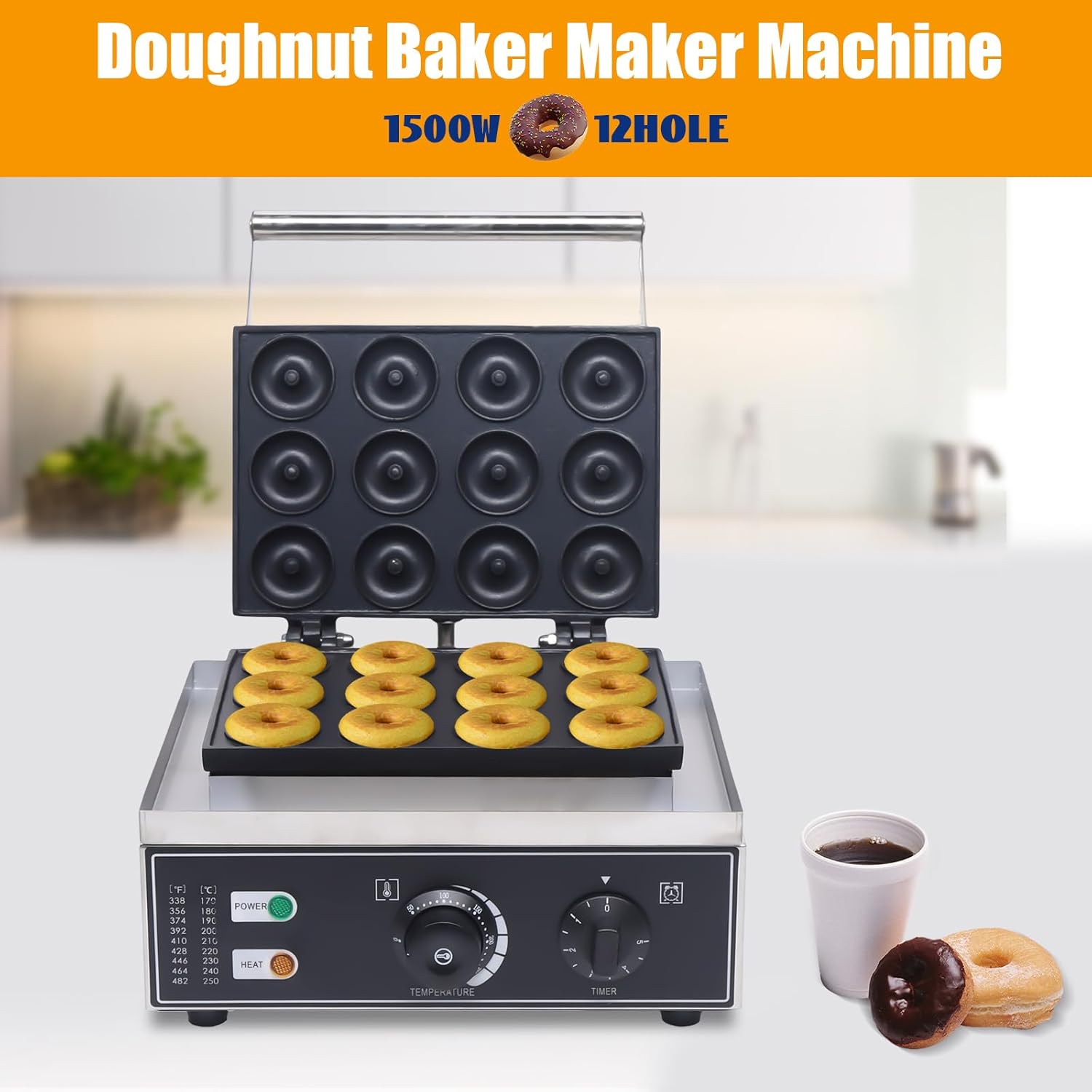 Máquina eléctrica de donas, 12 agujeros, máquina comercial de donas de 110 V, 1500 W, calefacción de doble cara, antiadherente, eléctrica, mini