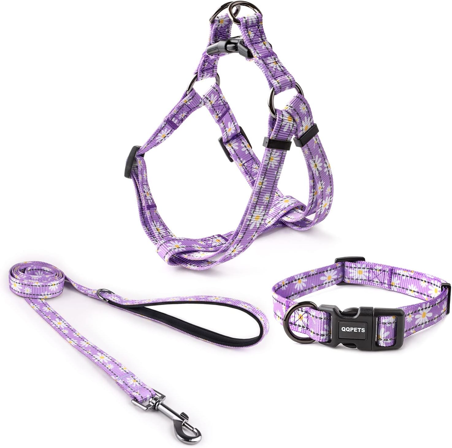 QQPETS Arnés para perro con correa  sin tirones ajustable para mascotas, clip trasero halter, collar básico, resistente, correa antitorsión de 5