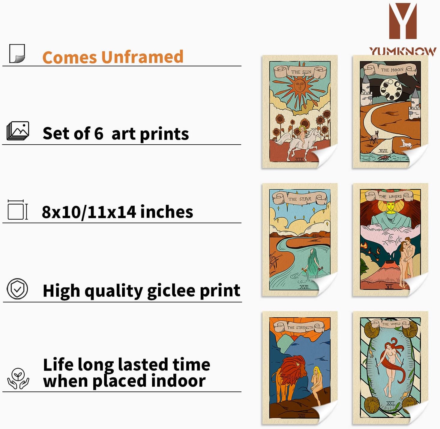 YUMKNOW Decoración bohemia hippie para habitación, juego de 6 tarjetas de tarot sin marco de 8 x 10 pulgadas, bonitas cartas de tarot impresas para