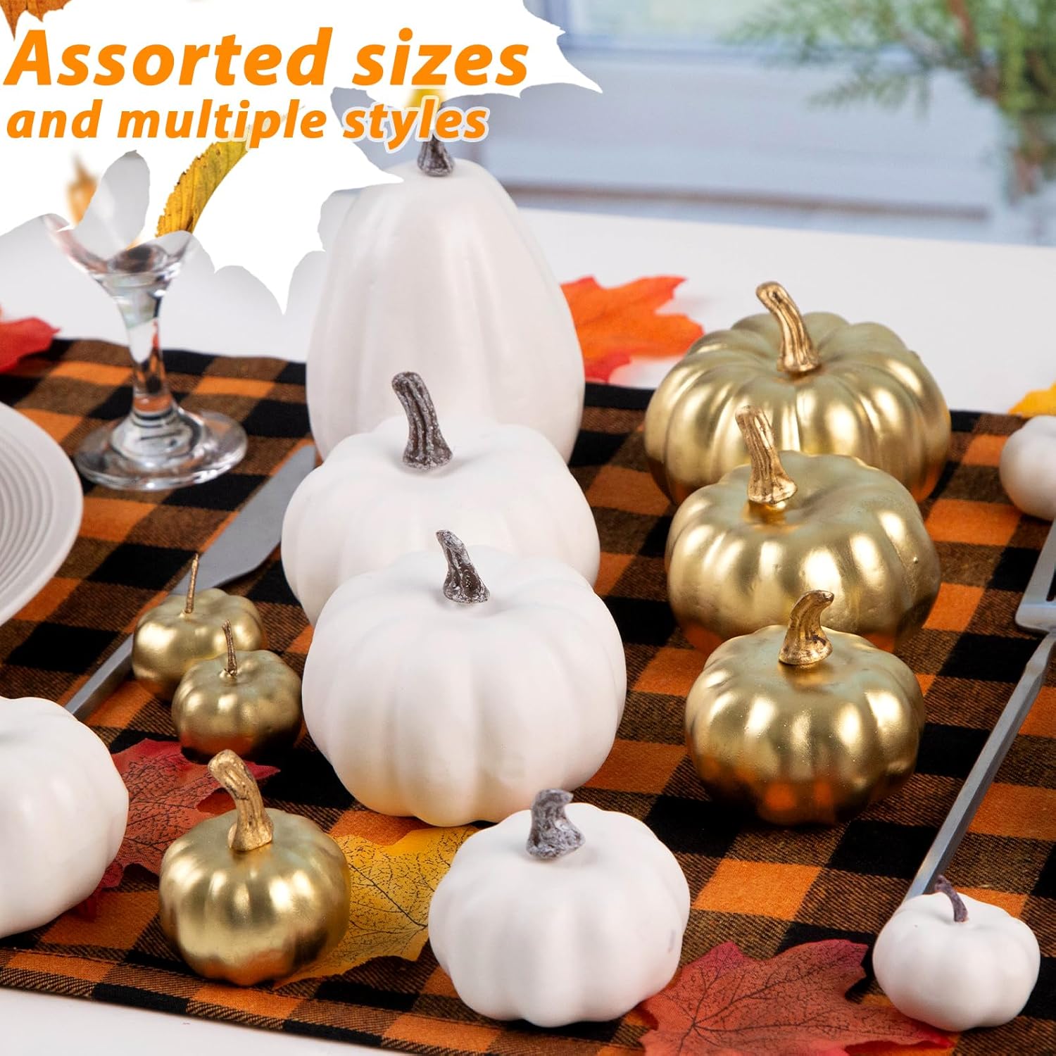 BigOtters 22 piezas de calabazas de otoño, calabazas artificiales, pequeñas calabazas falsas de espuma blanca y dorada para manualidades, Halloween,