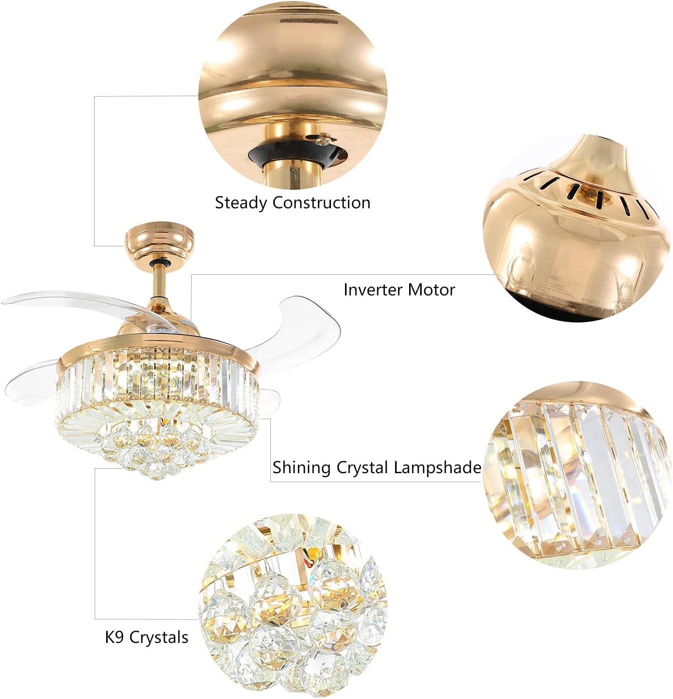Siljoy Ventilador de techo retráctil con control remoto de luz, moderno ventilador de techo de cristal dorado, 3 vías regulable de 6 velocidades de